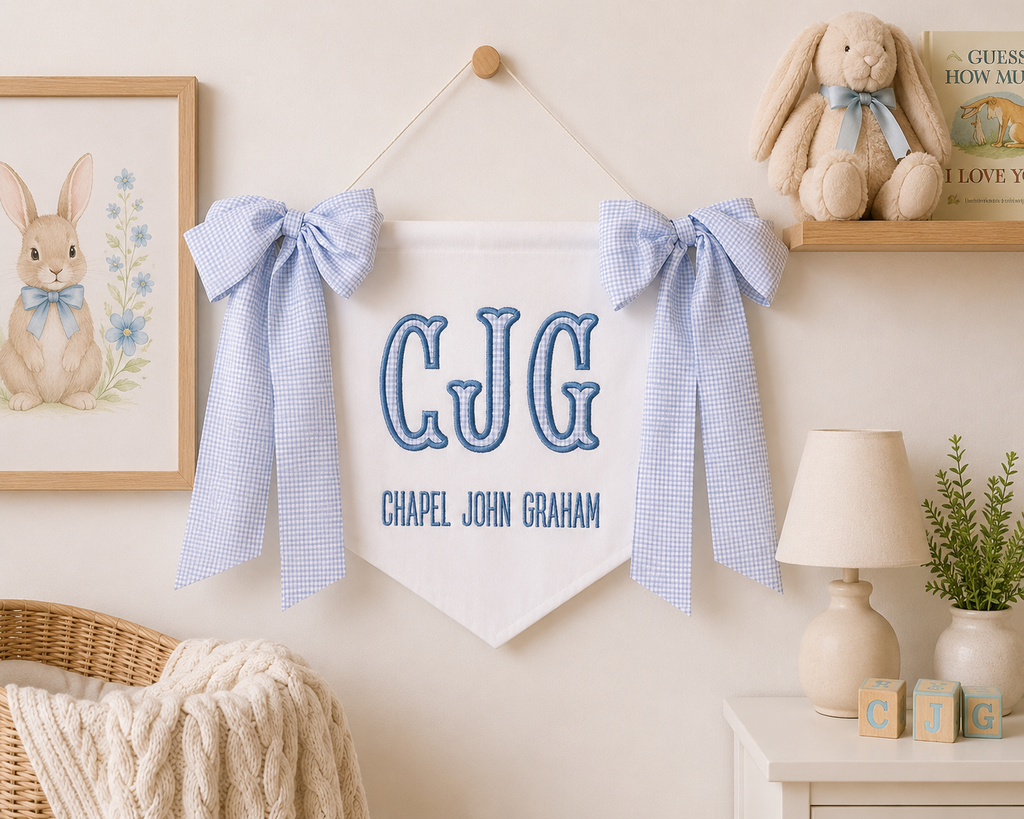 Personalized Baby Name Banner with Monogram | Blue Gingham Bow Nursery Wall Hanging