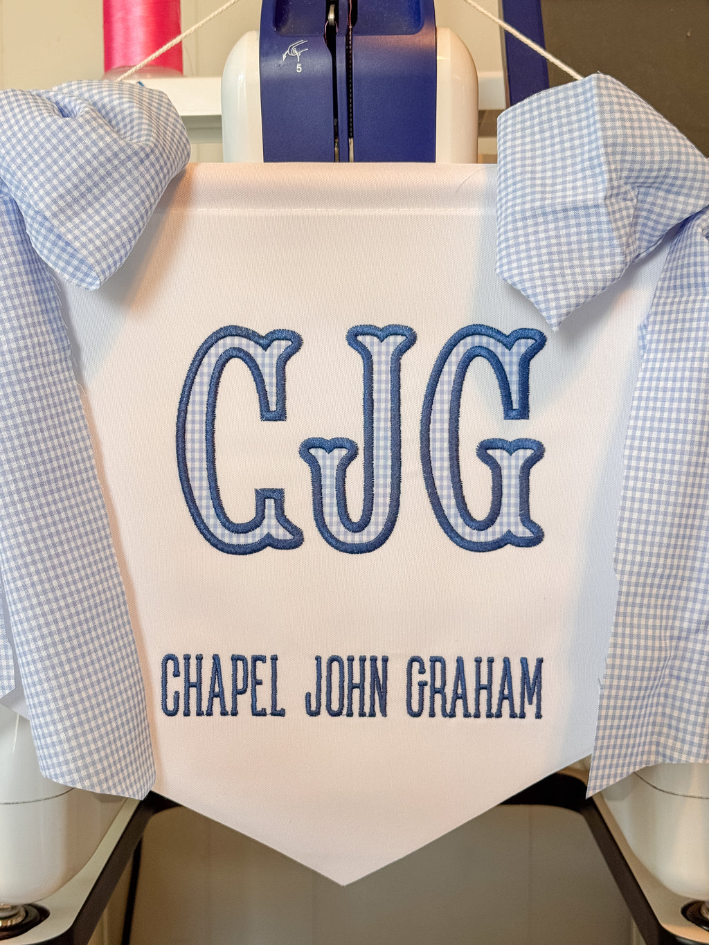 Personalized Baby Name Banner with Monogram | Blue Gingham Bow Nursery Wall Hanging