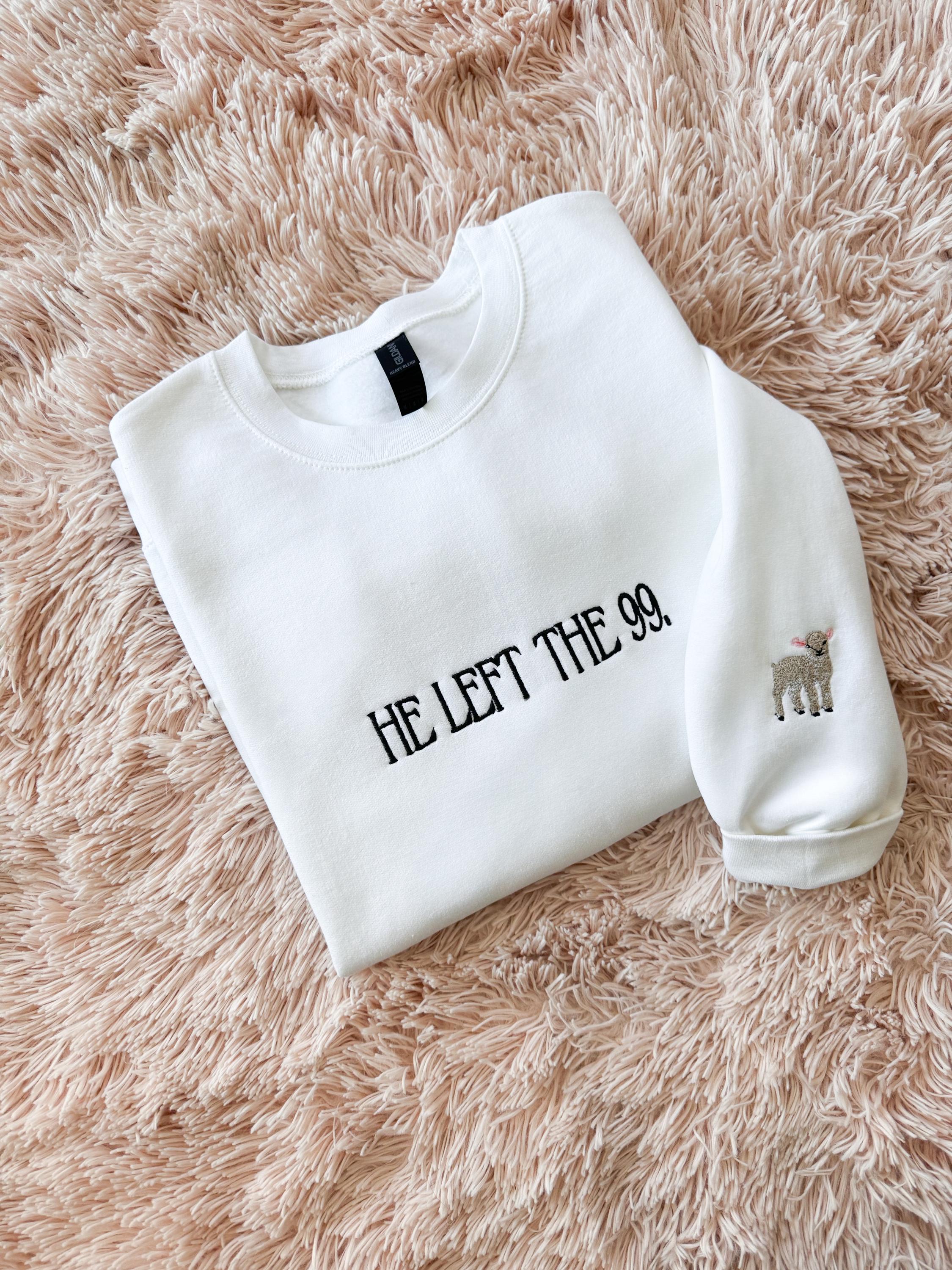 Embroidered Christian Sweatshirt | He Left the 99, Lamb Sleeve Detail