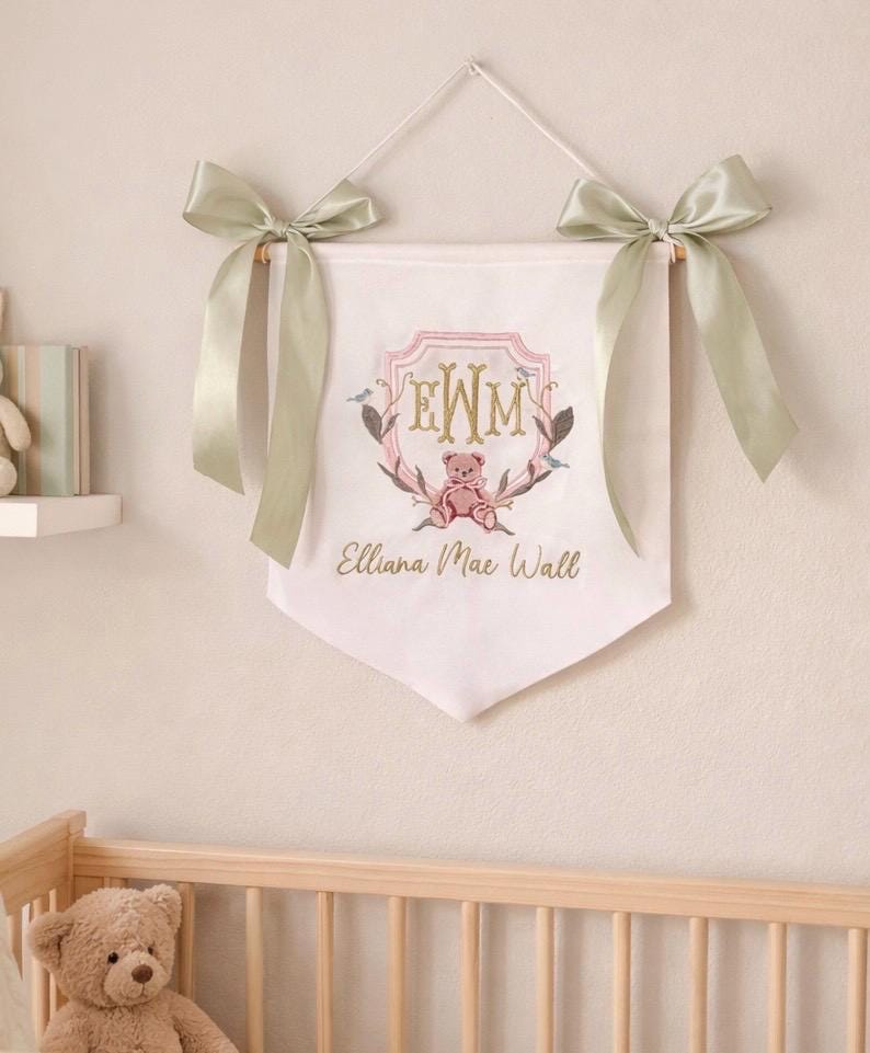 Embroidered Baby Name Banner | Custom Nursery Wall Hanging, Monogram Decor