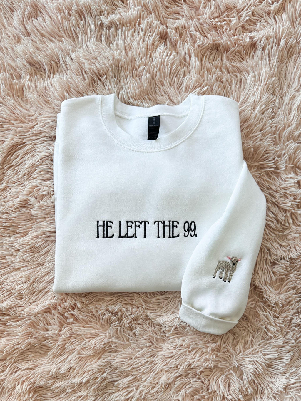 Embroidered Christian Sweatshirt | He Left the 99, Lamb Sleeve Detail